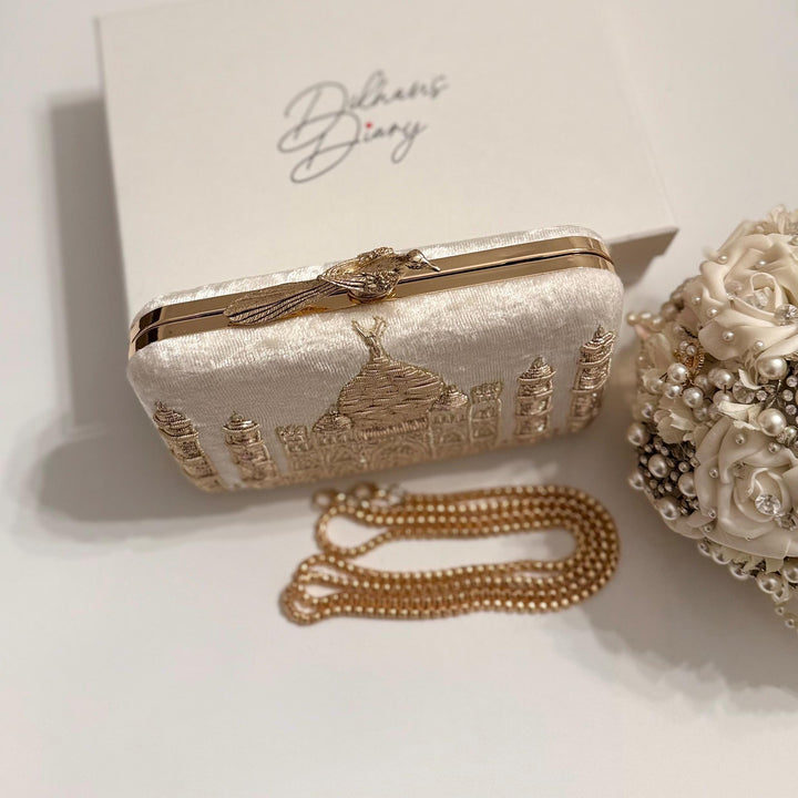 Taj Mahal Inspired Bridal Clutch: Zardozi Embroidery, Velvet & Gold