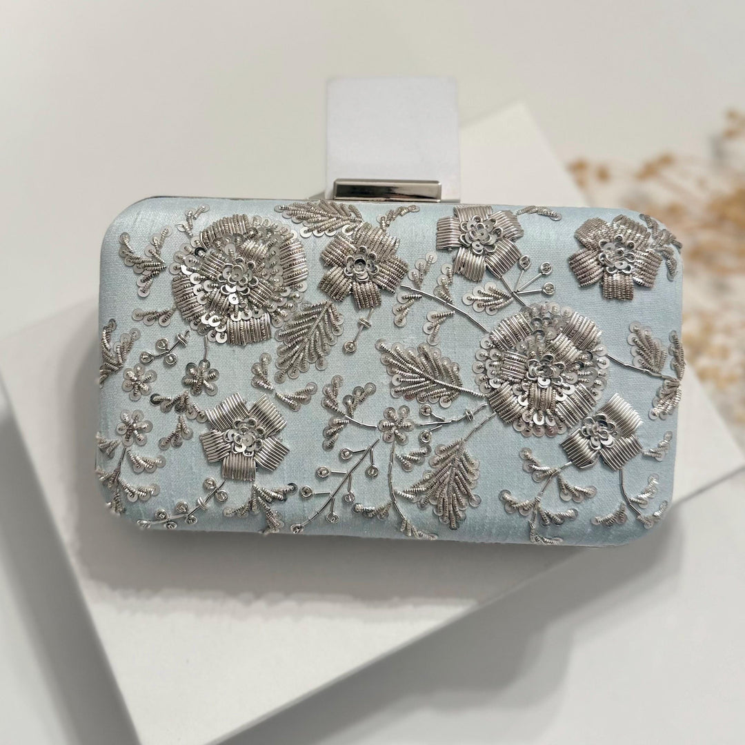 Powder Blue Zardozi Clutch: Handmade Raw Silk Bridal Purse