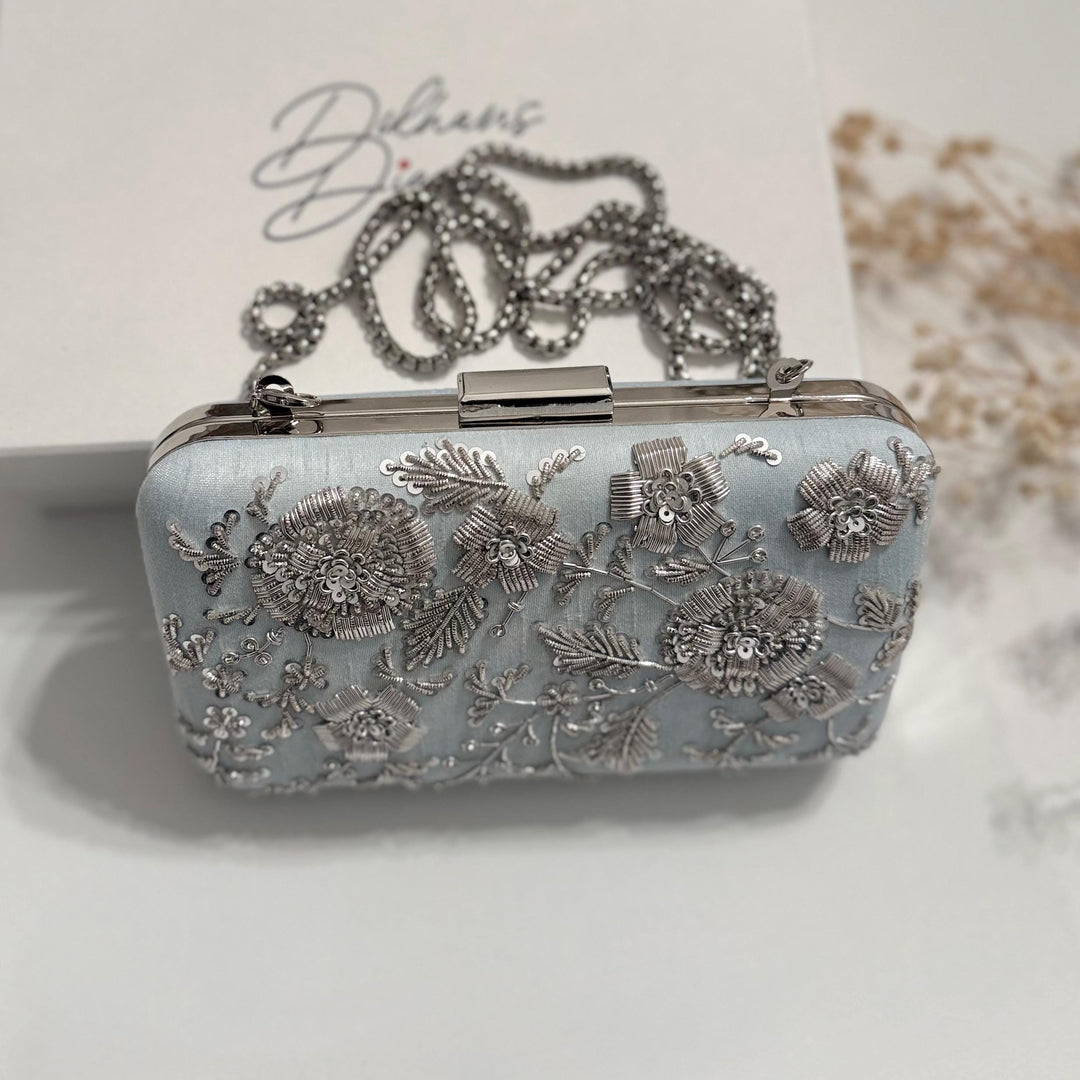 Powder Blue Zardozi Clutch: Handmade Raw Silk Bridal Purse