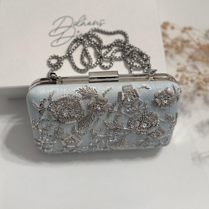 Powder Blue Zardozi Clutch: Handmade Raw Silk Bridal Purse