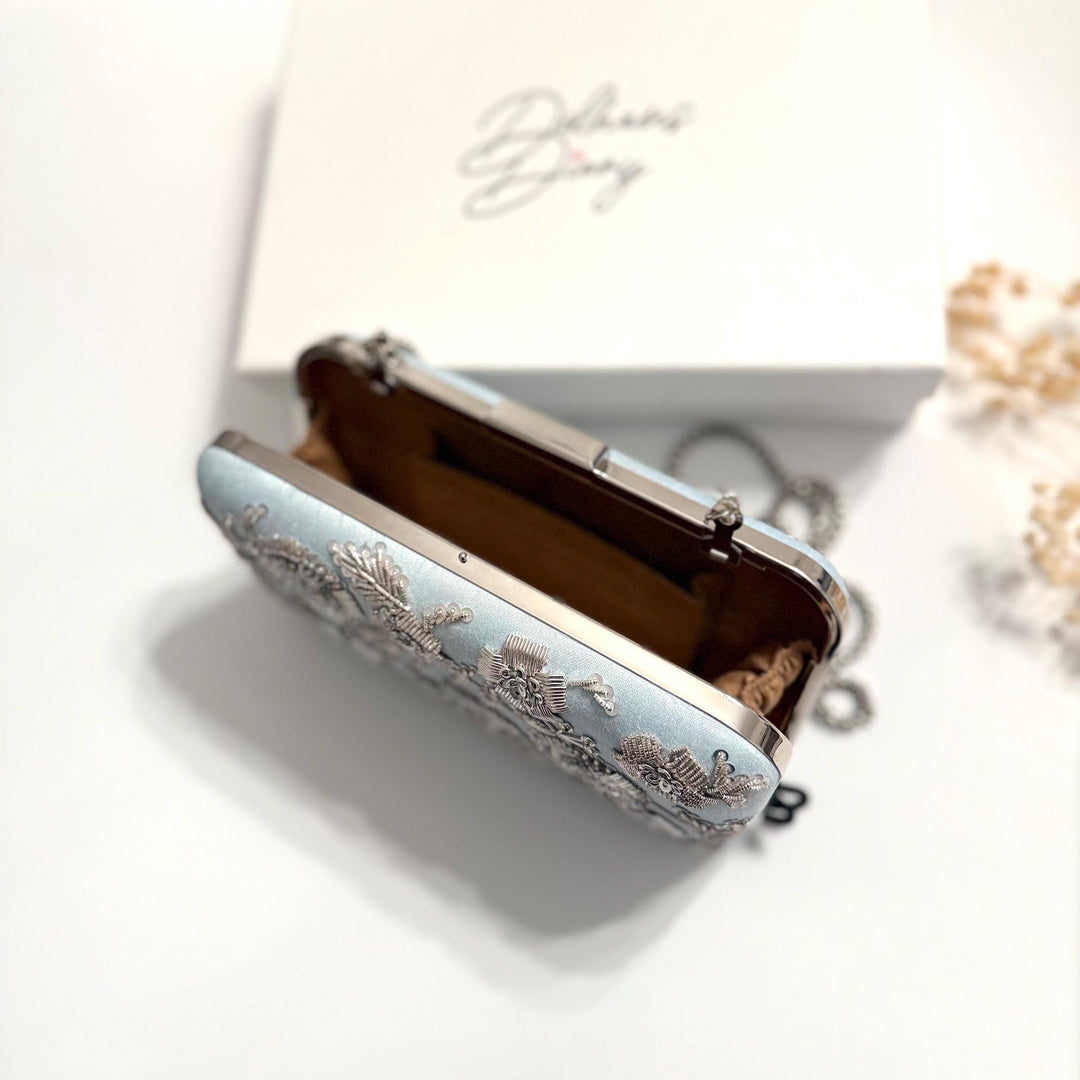 Powder Blue Zardozi Clutch: Handmade Raw Silk Bridal Purse