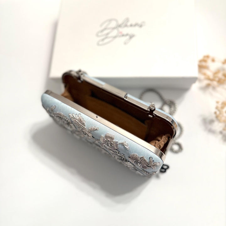Powder Blue Zardozi Clutch: Handmade Raw Silk Bridal Purse