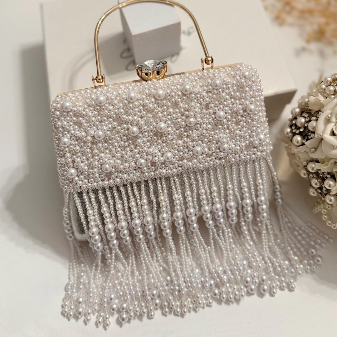 White Beaded Fringe Bridal Clutch | Ivory Wedding Top Handle Bag