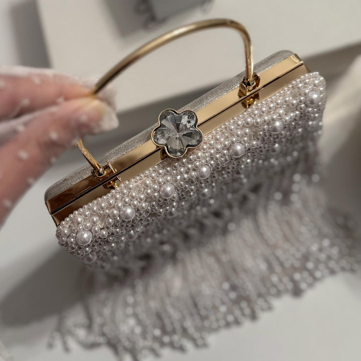 White Beaded Fringe Bridal Clutch | Ivory Wedding Top Handle Bag