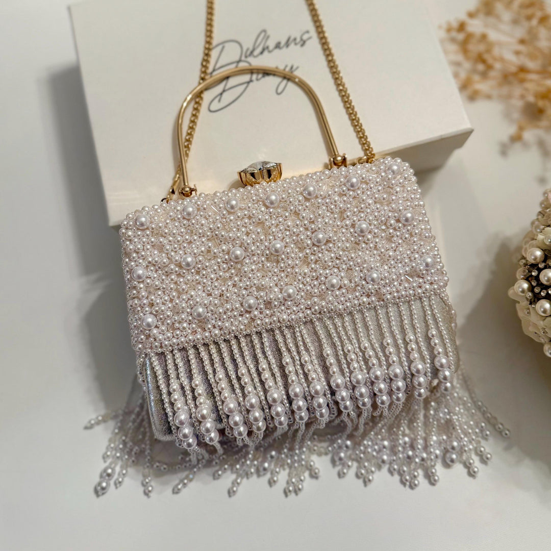 White Beaded Fringe Bridal Clutch | Ivory Wedding Top Handle Bag