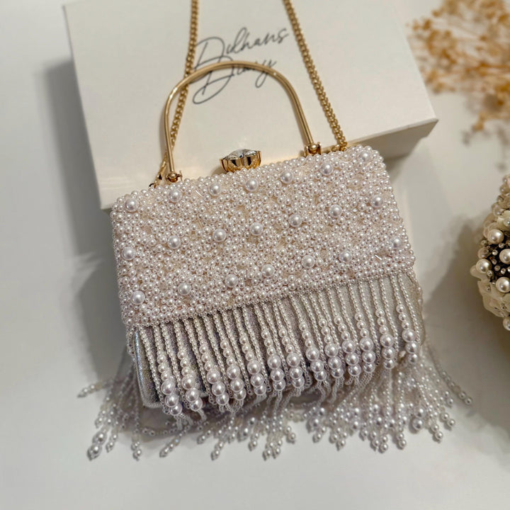 White Beaded Fringe Bridal Clutch | Ivory Wedding Top Handle Bag