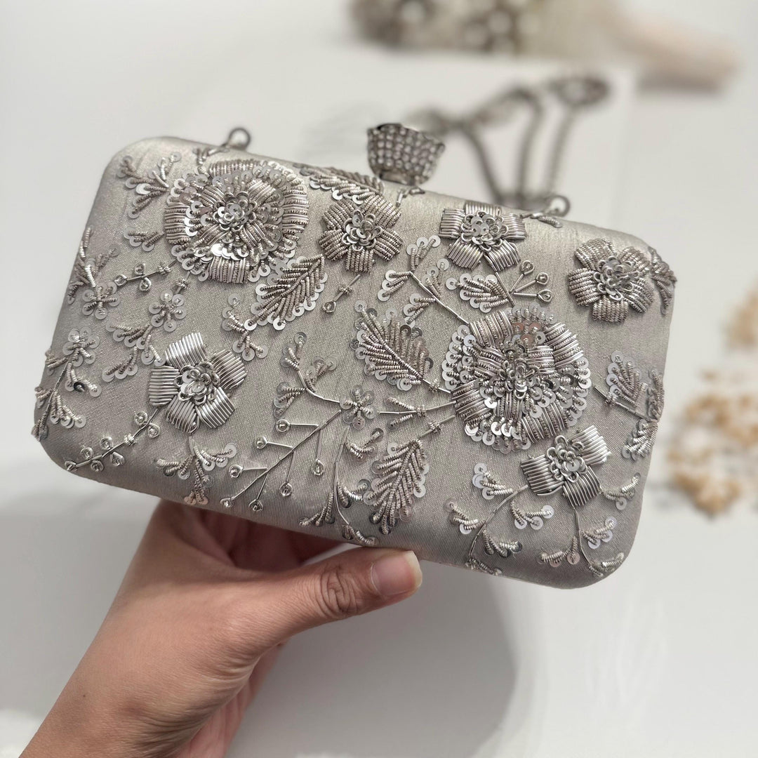 Silver Bridal Clutch: Handmade Zardozi Floral Brides Purse