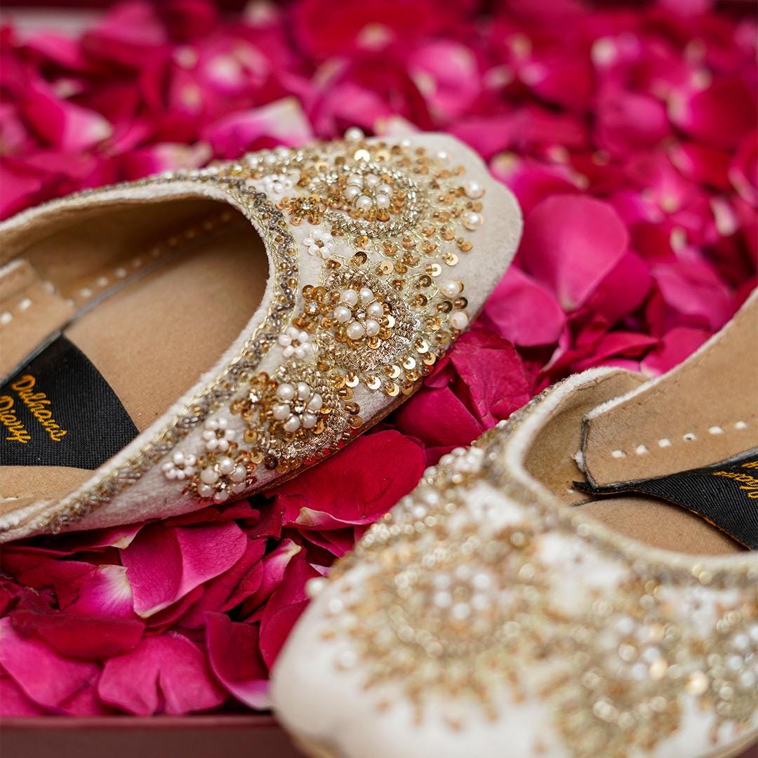 Ivory Bridal Khussa Jutti: Handmade Velvet Wedding Shoes