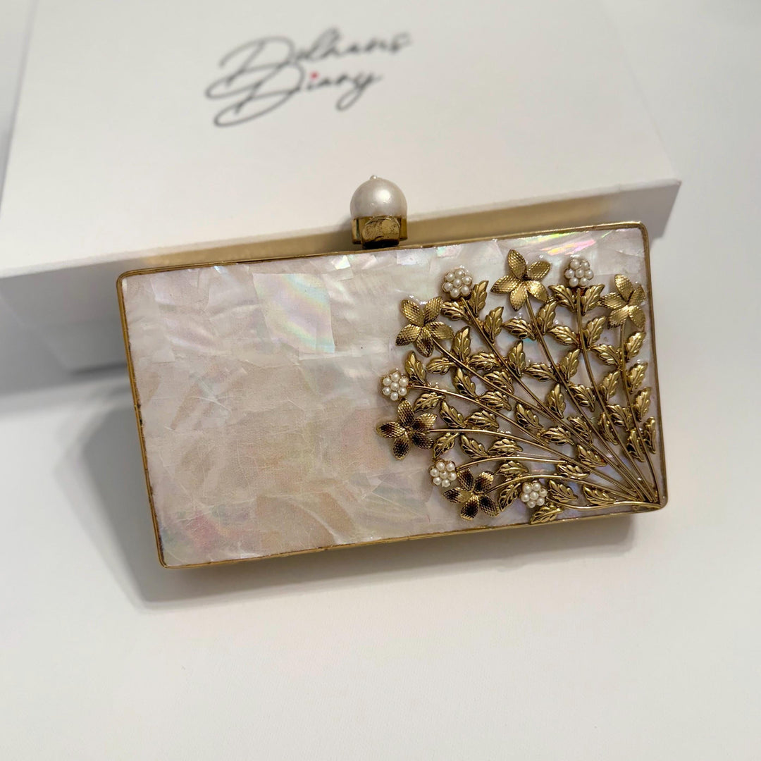 Bridal Pearl Clutch: Gold Floral Wedding Wristlet