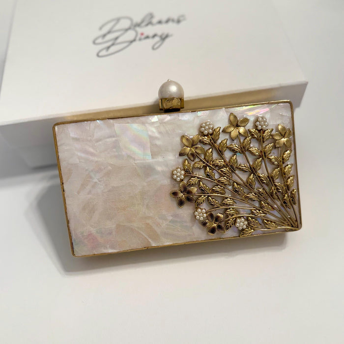 Bridal Pearl Clutch Gold Floral Wedding Wristlet