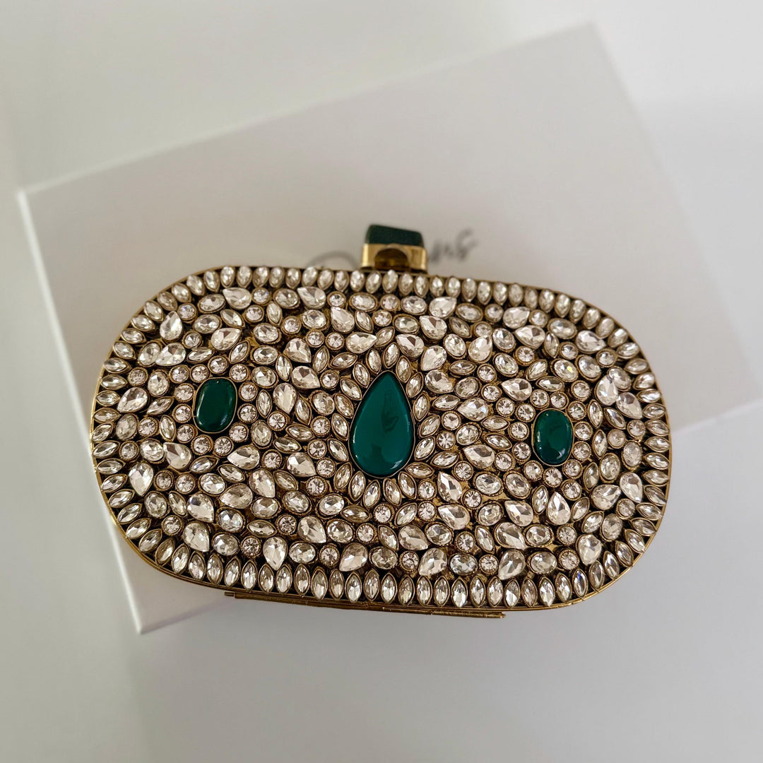 Emerald Green Kundan Bridal Clutch: Handmade Brass Evening Bag