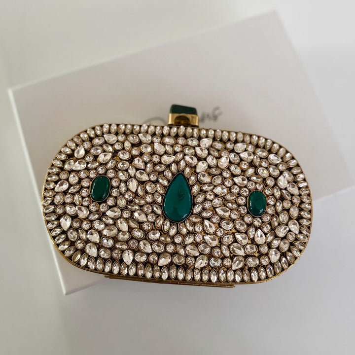 Emerald Green Kundan Bridal Clutch: Handmade Brass Evening Bag