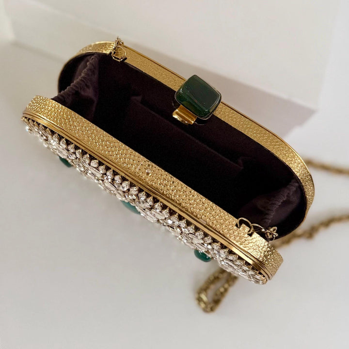 Emerald Green Kundan Bridal Clutch: Handmade Brass Evening Bag