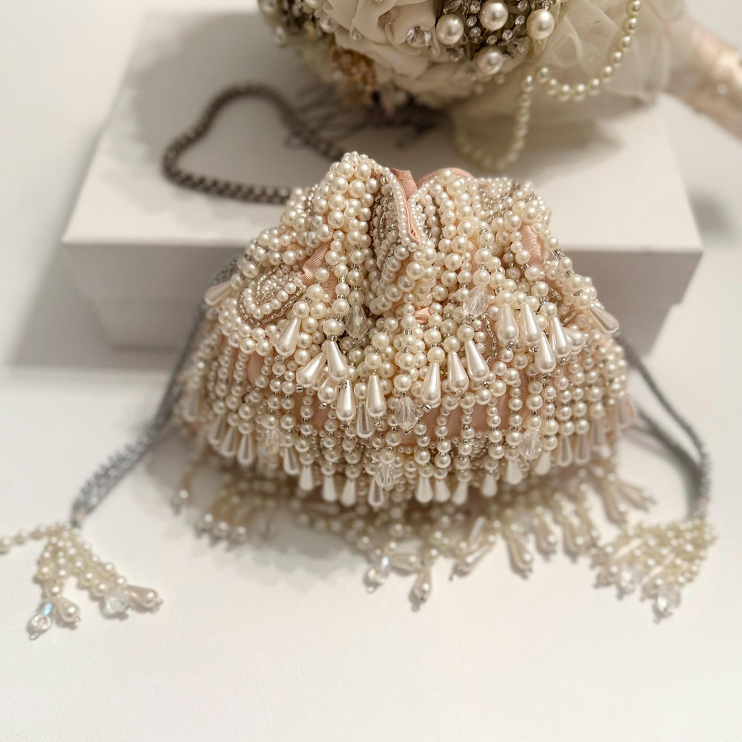 Handmade Beaded Bridal Potli Bag: Ivory Wedding Wristlet