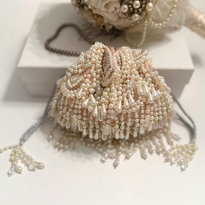 Handmade Beaded Bridal Potli Bag: Ivory Wedding Wristlet