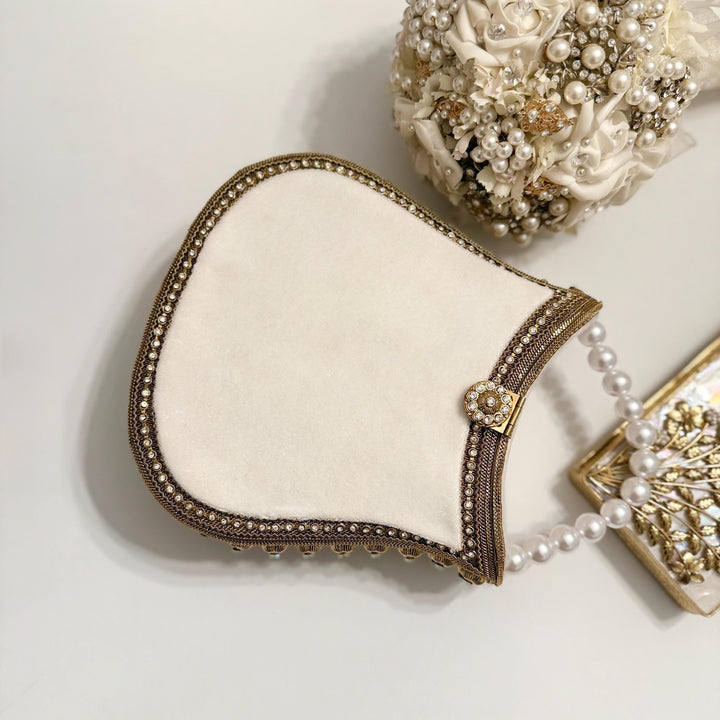 Ivory Velvet Bridal Clutch: Handmade Pearl Handle Evening Bag