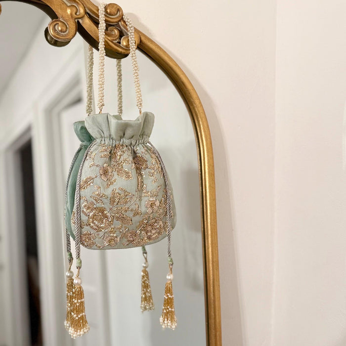 Mint Zardosi Work Bridal Potli Bag: Indian Wedding Evening Bag