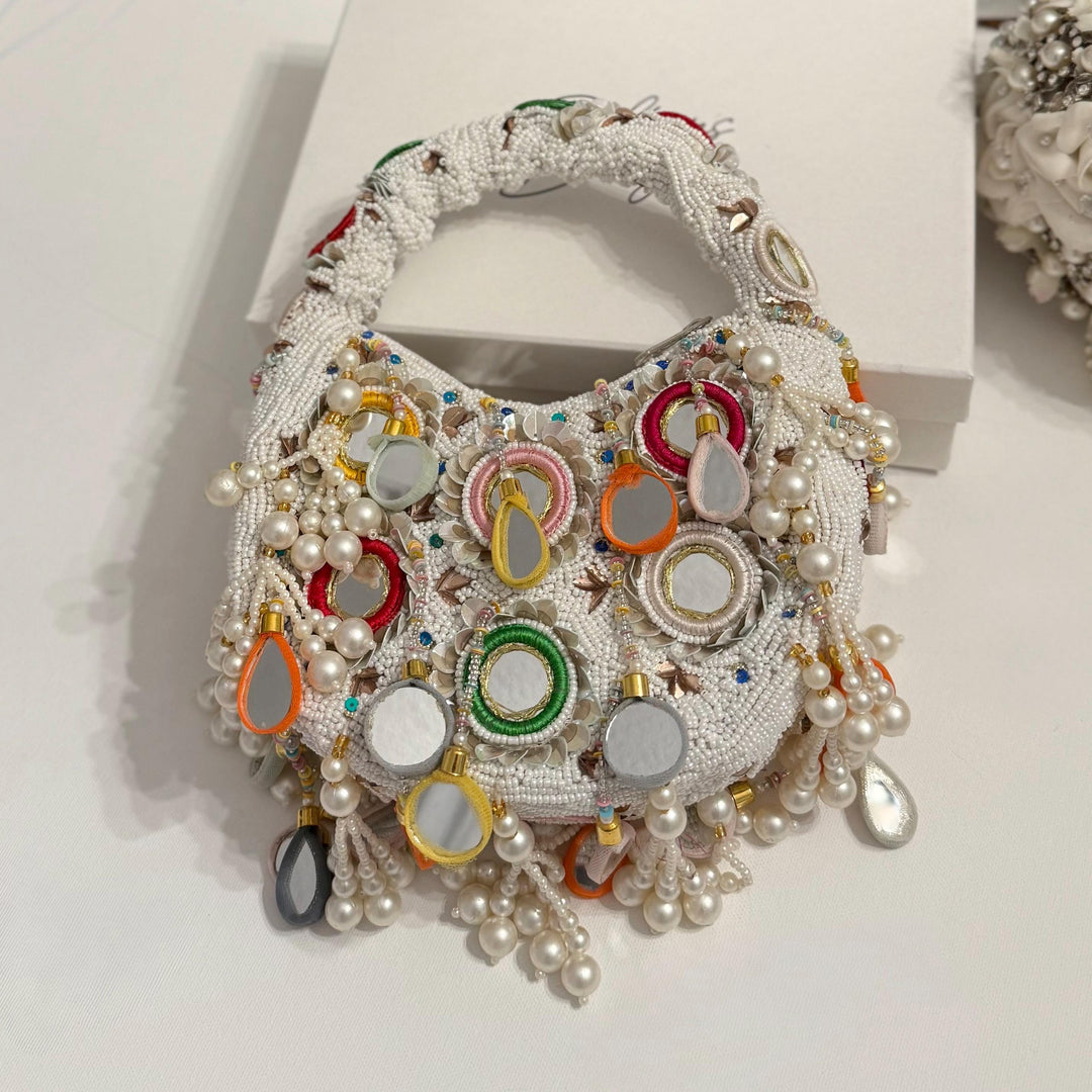 Handmade Beaded Bridal Top Handle Bag | Mirror Work Ivory Potli