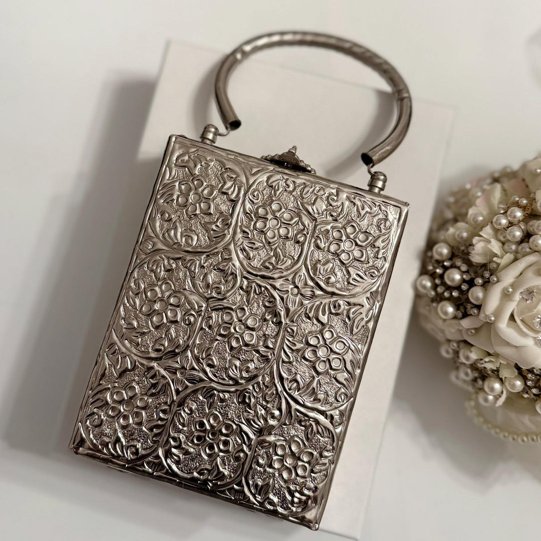 Silver Plated Brass Clutch: Handmade Antique Style Statement Handbag
