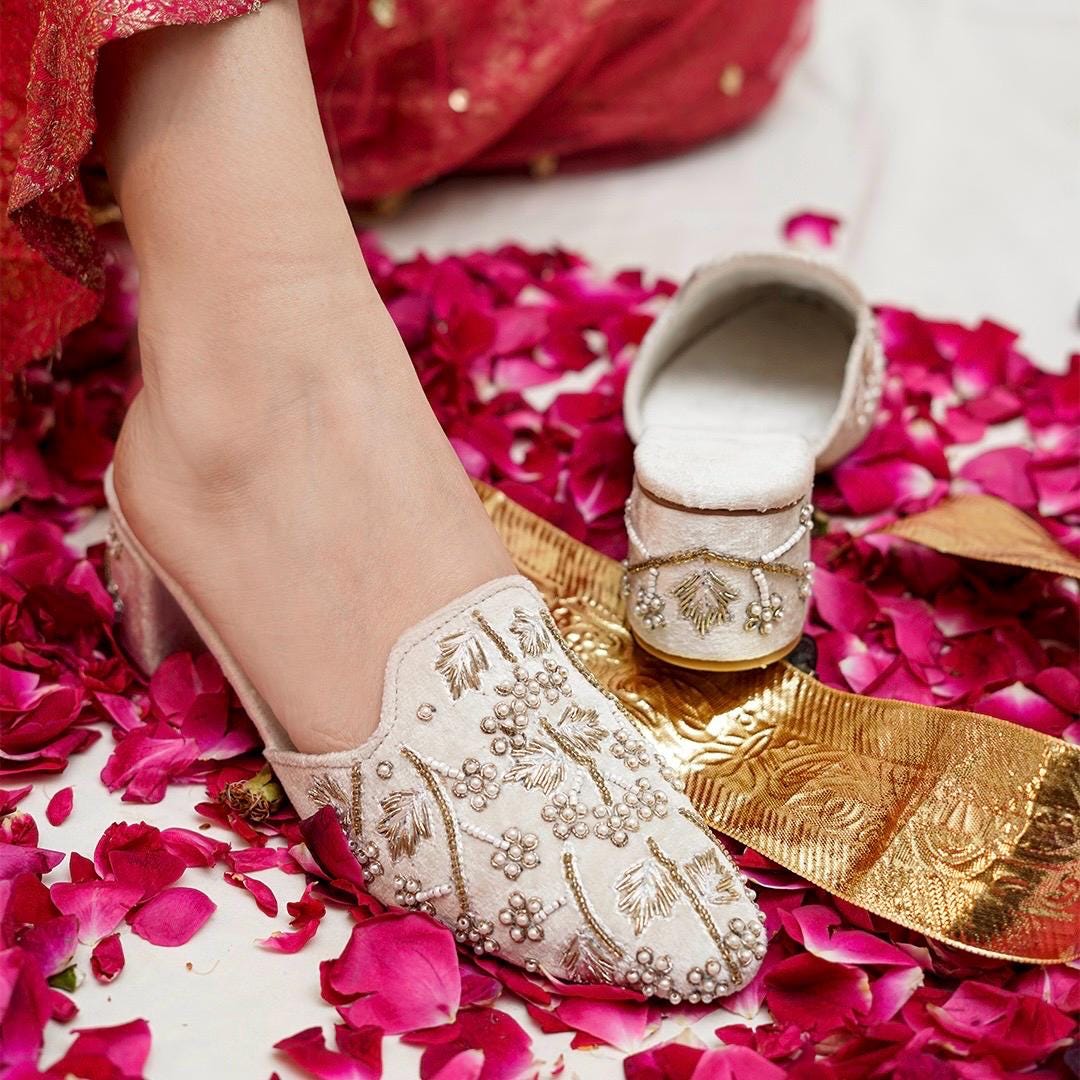 Handmade Ivory Bridal Mules: Beaded Pakistani Wedding Shoes