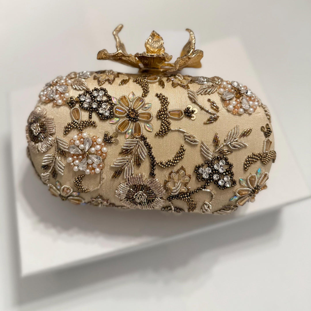 Gold Bridal Clutch: Zardozi Crystal Floral Wedding Wristlet