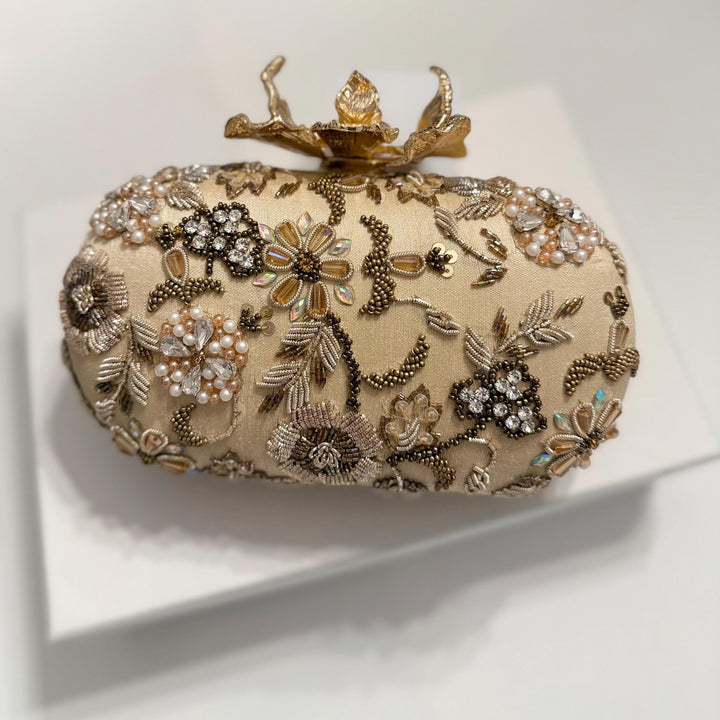 Gold Bridal Clutch: Zardozi Crystal Floral Wedding Wristlet