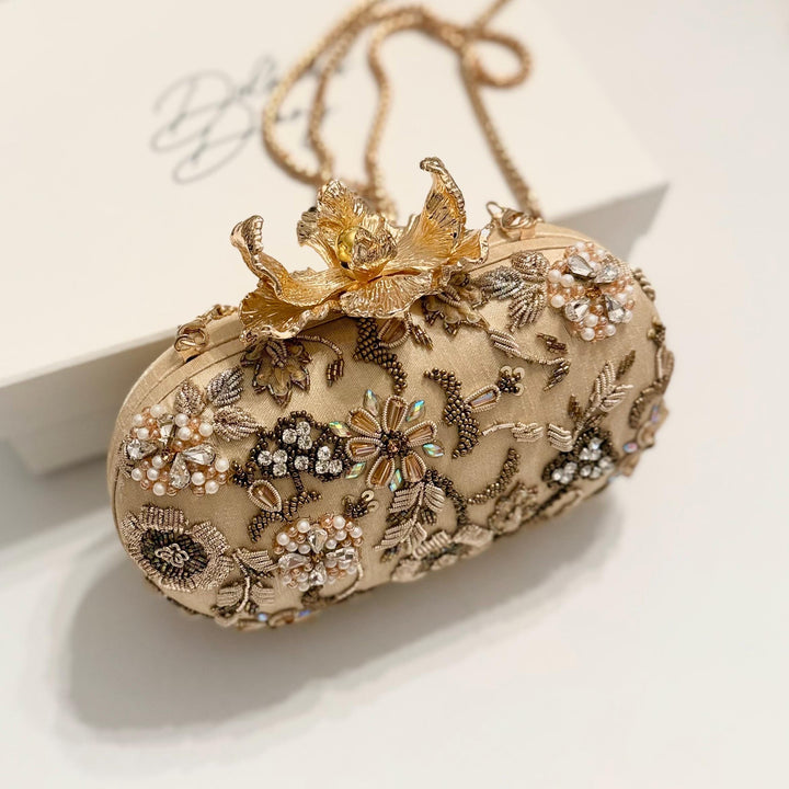 Gold Bridal Clutch: Zardozi Crystal Floral Wedding Wristlet