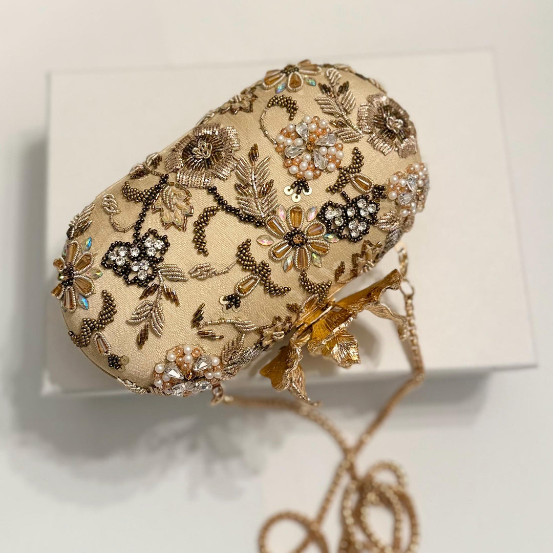 Gold Bridal Clutch: Zardozi Crystal Floral Wedding Wristlet