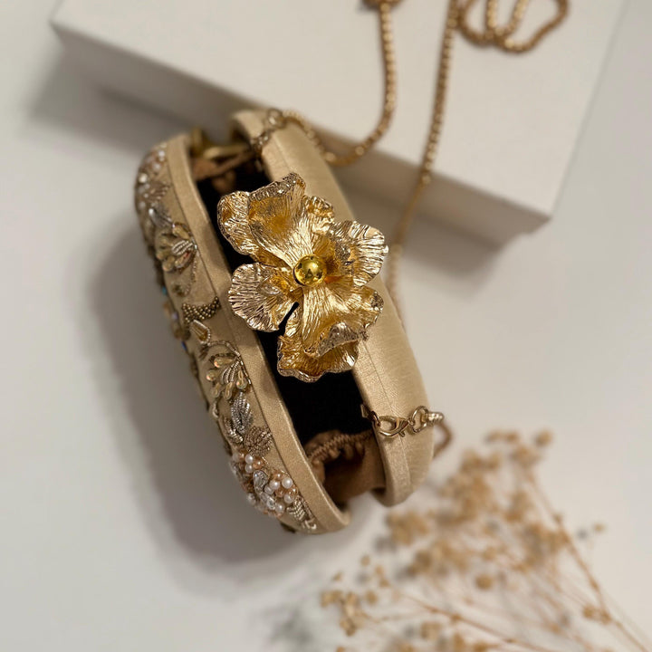 Gold Bridal Clutch: Zardozi Crystal Floral Wedding Wristlet