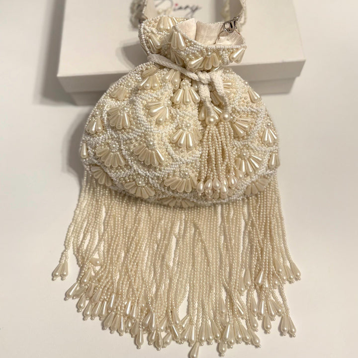 Ivory Beaded Bridal Potli Bag: Handmade Wedding Clutch