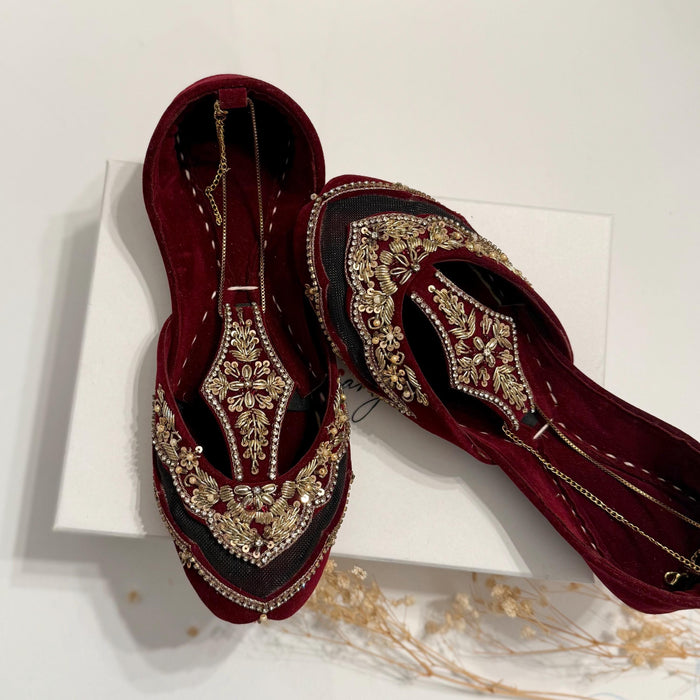 Handmade Maroon Bridal Khussa: Wedding Shoes with Anklet