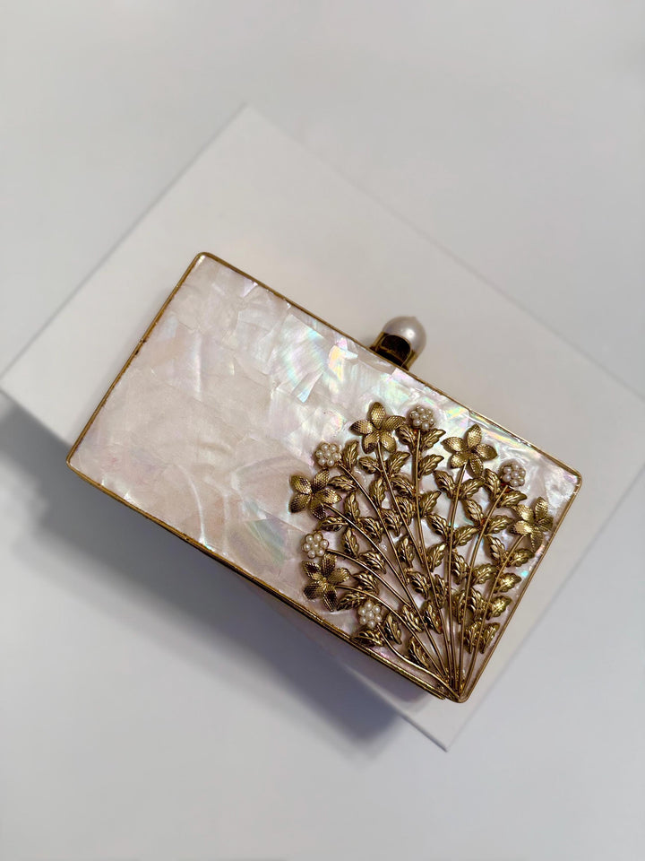 Bridal Pearl Clutch: Gold Floral Wedding Wristlet