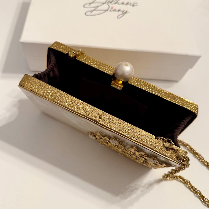 Bridal Pearl Clutch: Gold Floral Wedding Wristlet