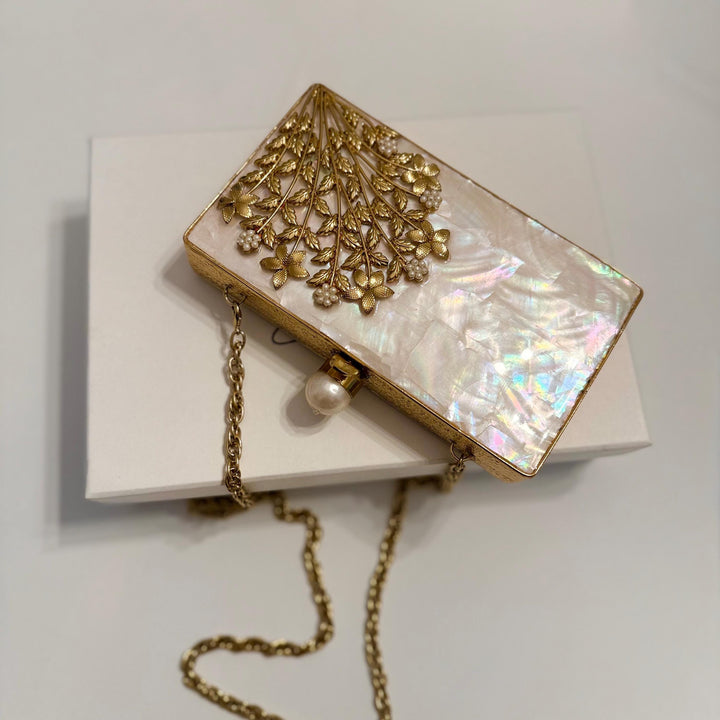 Bridal Pearl Clutch: Gold Floral Wedding Wristlet