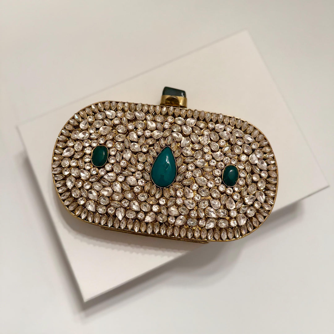 Emerald Green Kundan Bridal Clutch: Handmade Brass Evening Bag