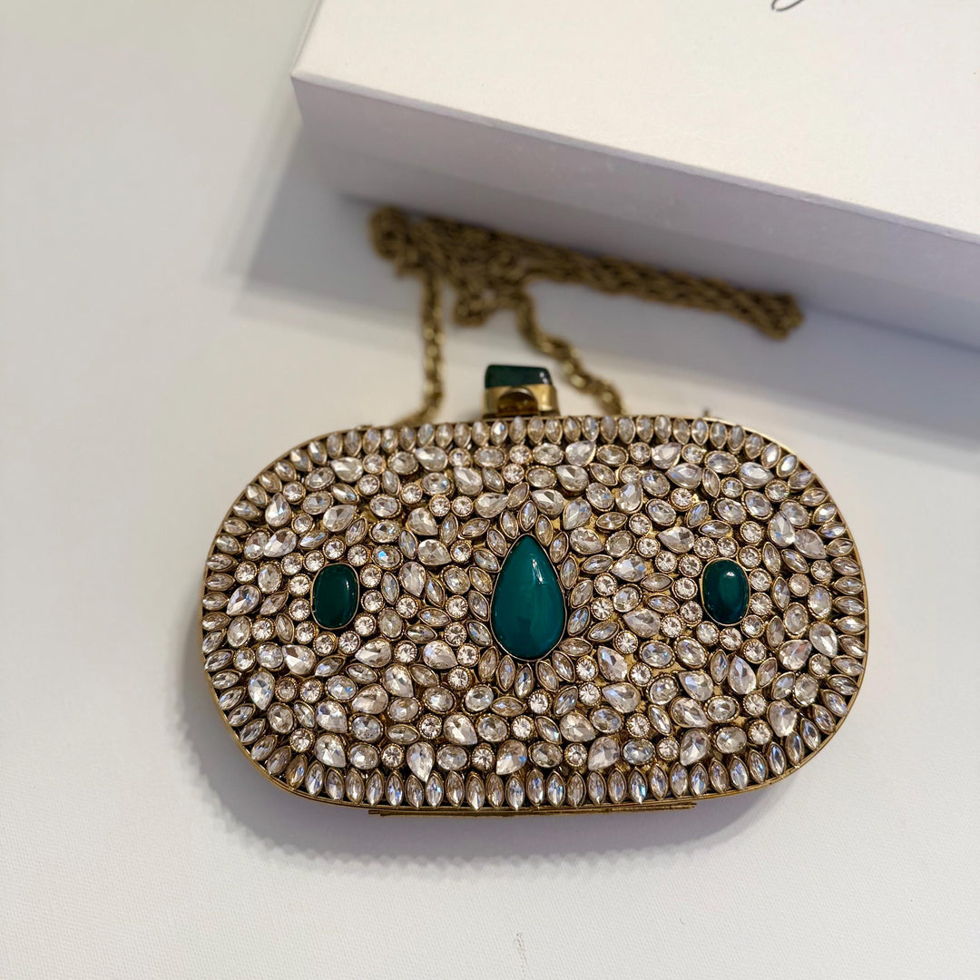 Emerald Green Kundan Bridal Clutch: Handmade Brass Evening Bag