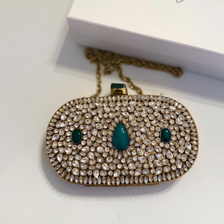 Emerald Green Kundan Bridal Clutch: Handmade Brass Evening Bag