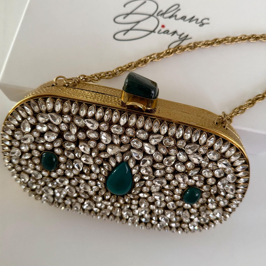 Emerald Green Kundan Bridal Clutch: Handmade Brass Evening Bag