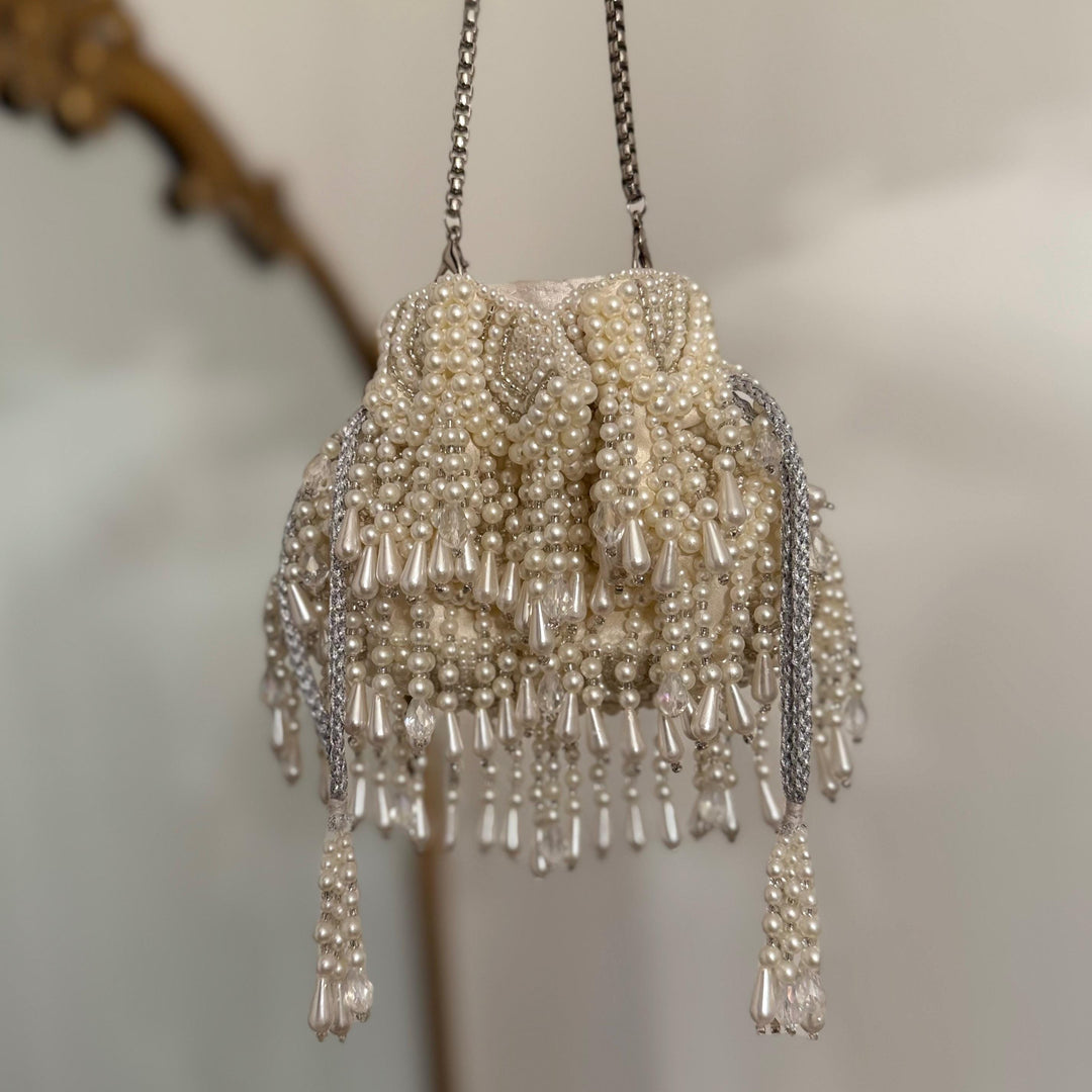 Handmade Beaded Bridal Potli Bag: Ivory Wedding Wristlet