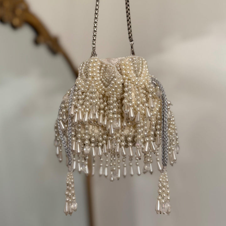 Handmade Beaded Bridal Potli Bag: Ivory Wedding Wristlet