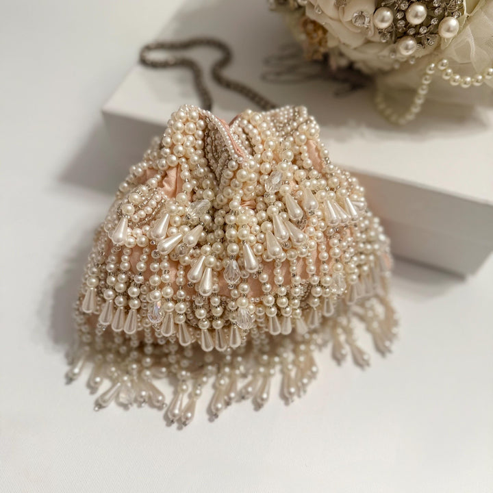 Handmade Beaded Bridal Potli Bag: Ivory Wedding Wristlet