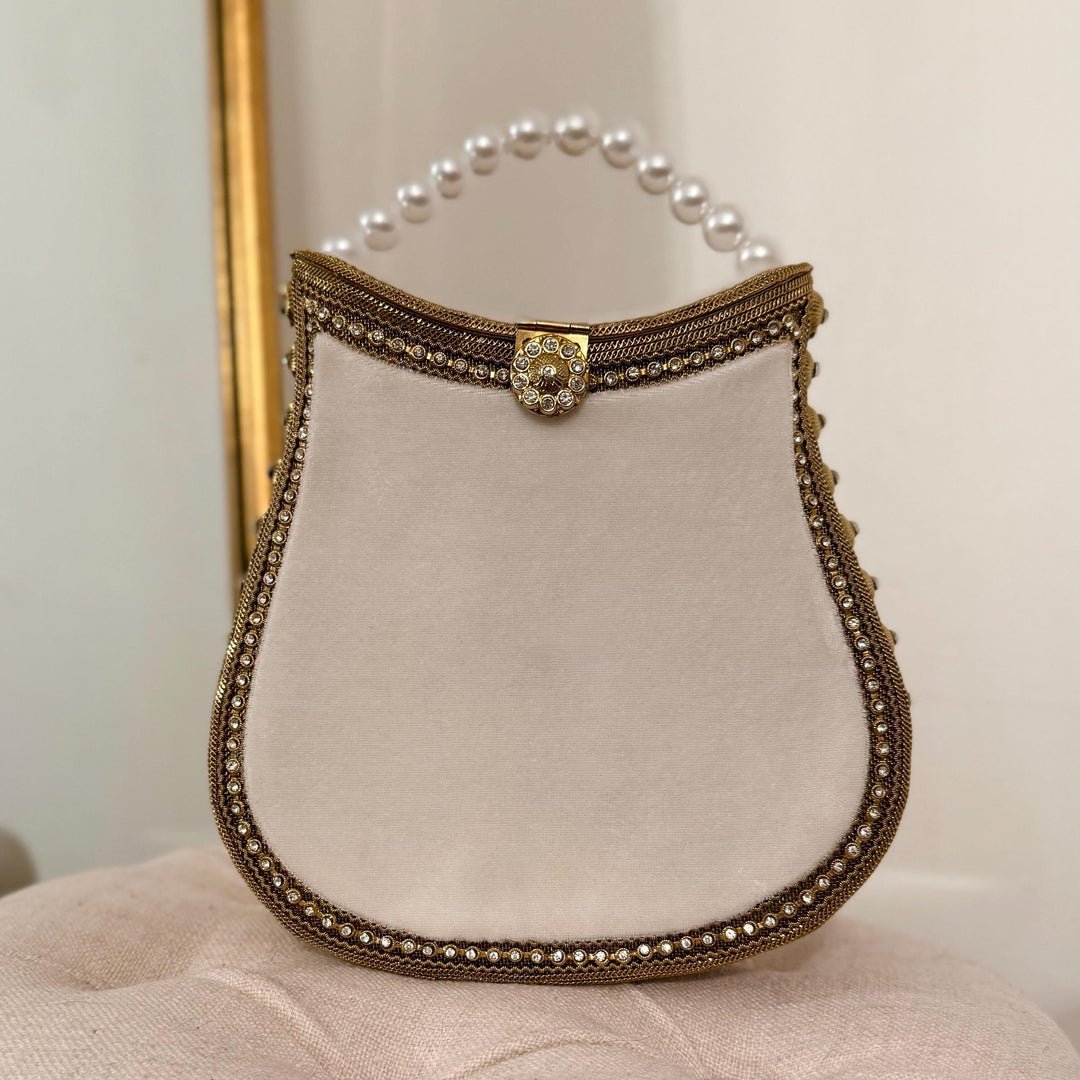 Ivory Velvet Bridal Clutch: Handmade Pearl Handle Evening Bag
