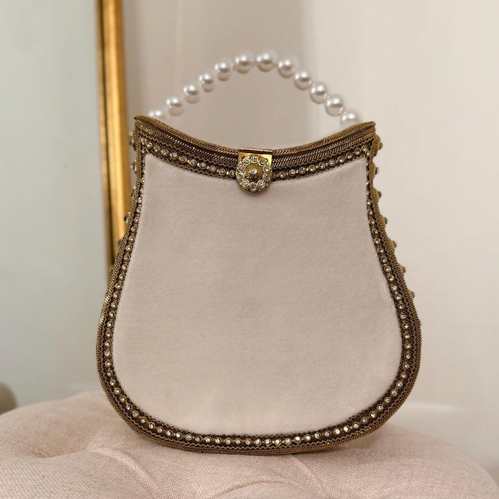 Ivory Velvet Bridal Clutch: Handmade Pearl Handle Evening Bag