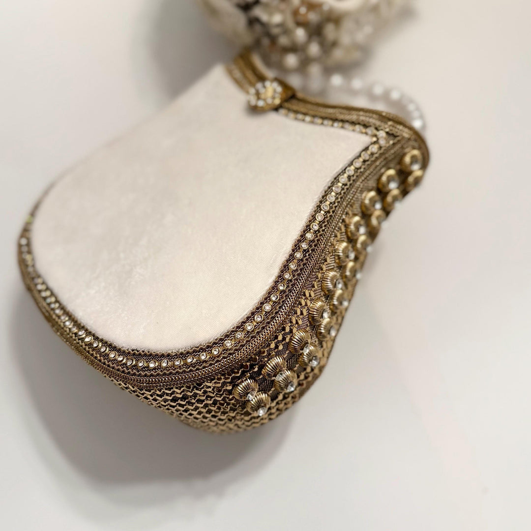 Ivory Velvet Bridal Clutch: Handmade Pearl Handle Evening Bag