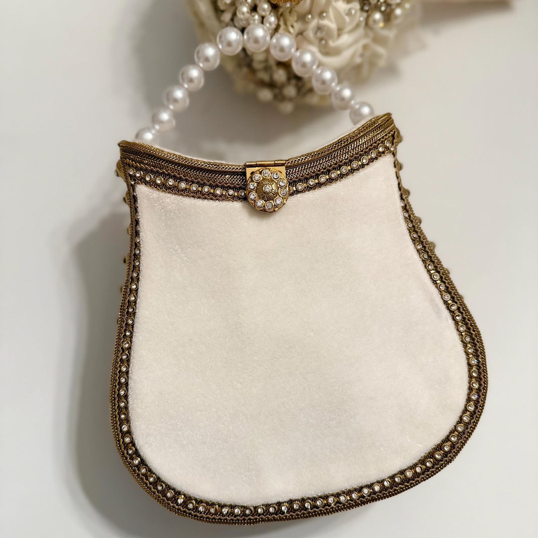 Ivory Velvet Bridal Clutch: Handmade Pearl Handle Evening Bag