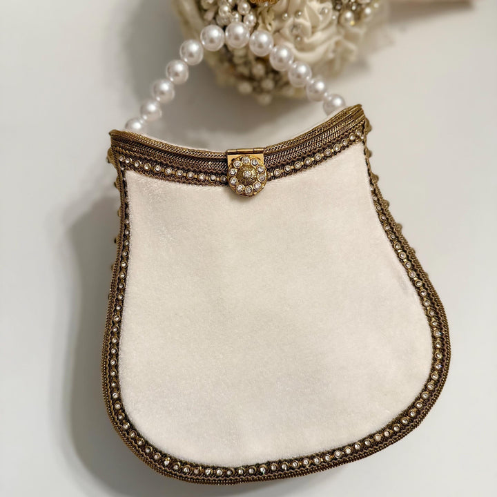 Ivory Velvet Bridal Clutch: Handmade Pearl Handle Evening Bag