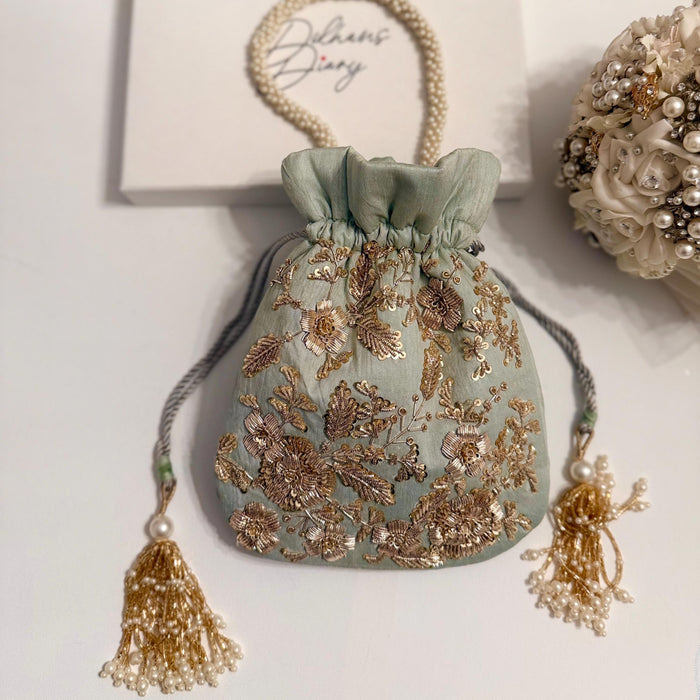 Mint Zardosi Work Bridal Potli Bag: Indian Wedding Evening Bag