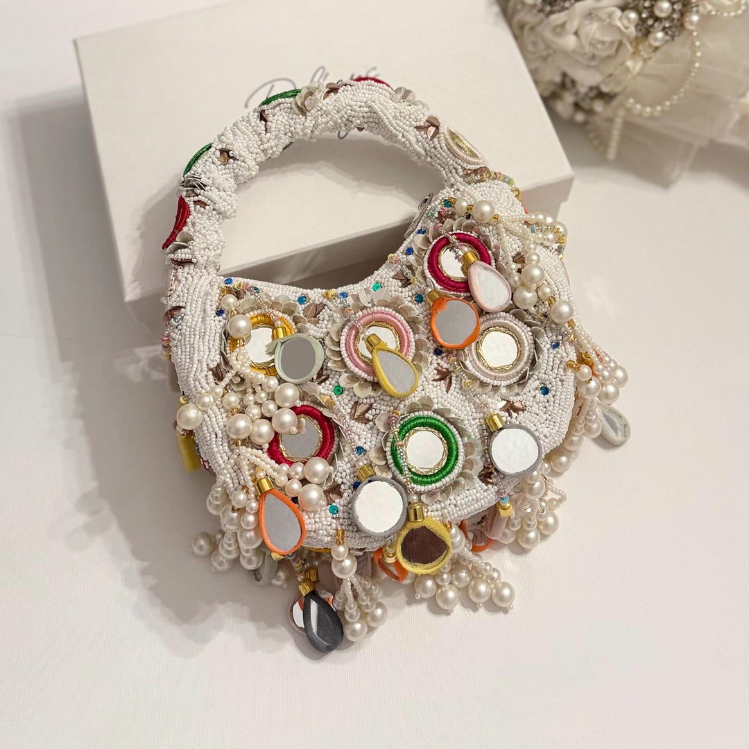 Handmade Beaded Bridal Top Handle Bag | Mirror Work Ivory Potli