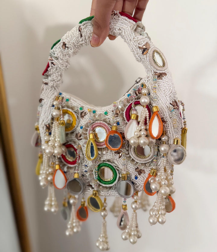 Handmade Beaded Bridal Top Handle Bag | Mirror Work Ivory Potli