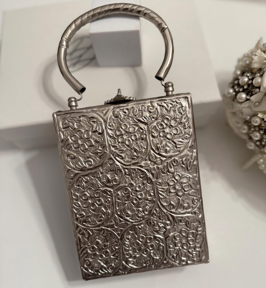 Silver Plated Brass Clutch: Handmade Antique Style Statement Handbag